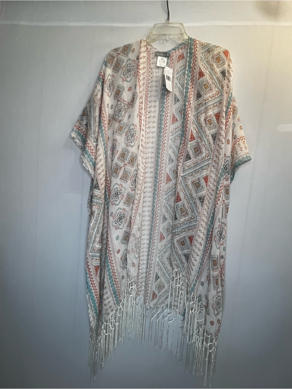 Lake Shore Drive Boho Fringe Tunic Kimono in Cream with Rust & Teal